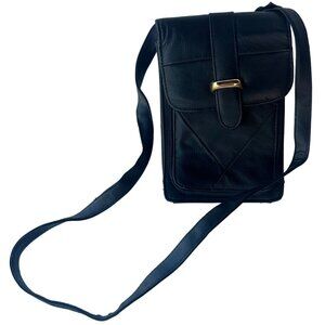 Vintage Black Sling Phone Pocket Crossbody Purse w/Card Holder and Gold Hardware